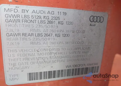 2020 Audi Q3 Premium 45 Tfsi S Line Quattro Tiptronic from USA, damaged, VIN WA1DECF37L1044348
